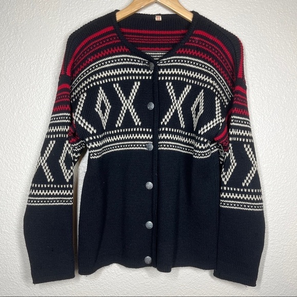 Vintage Cardigan Sweater 1970’s 100% Wool Made in Austria Black Red XOXO Medium - Picture 1 of 12